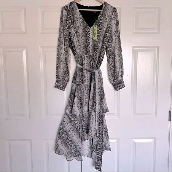 SAM EDELMAN | Snake Reptile Print Layered Dress Gray Black White | Size Large - Picture 2 of 11